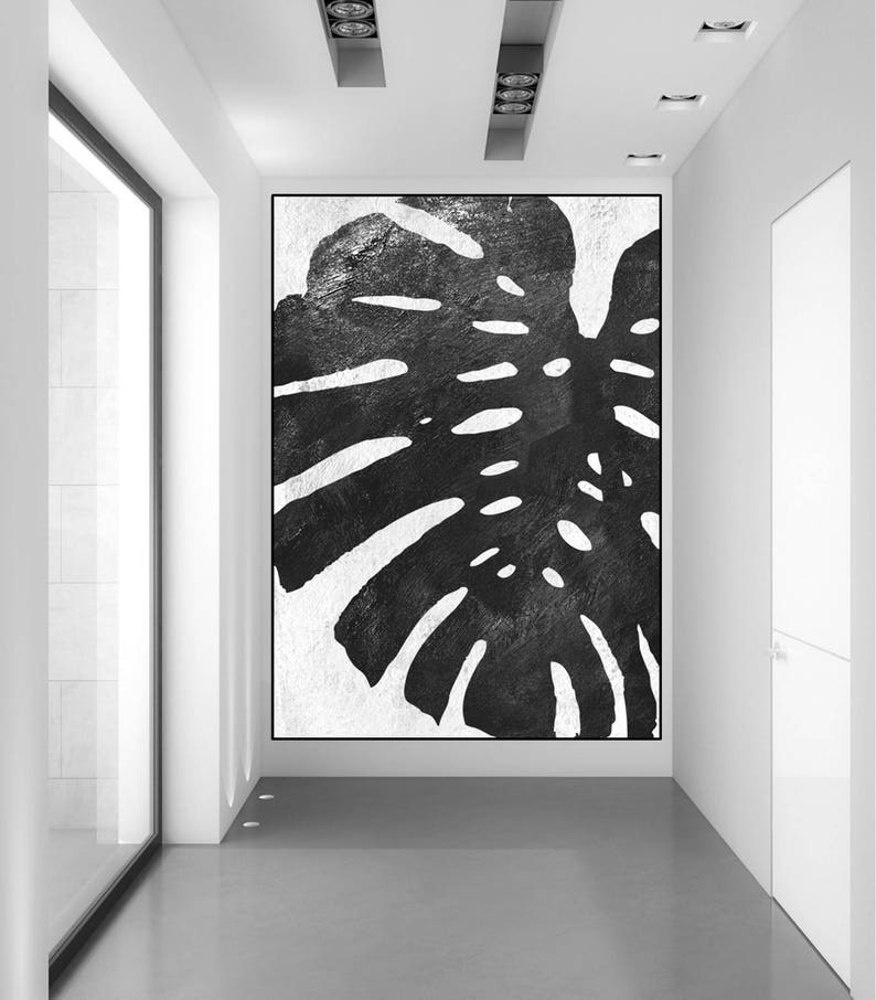 large canvas art, tropical leaf original abstract painting on canvas, modern acrylic painting black and white, large abstract art, image 2