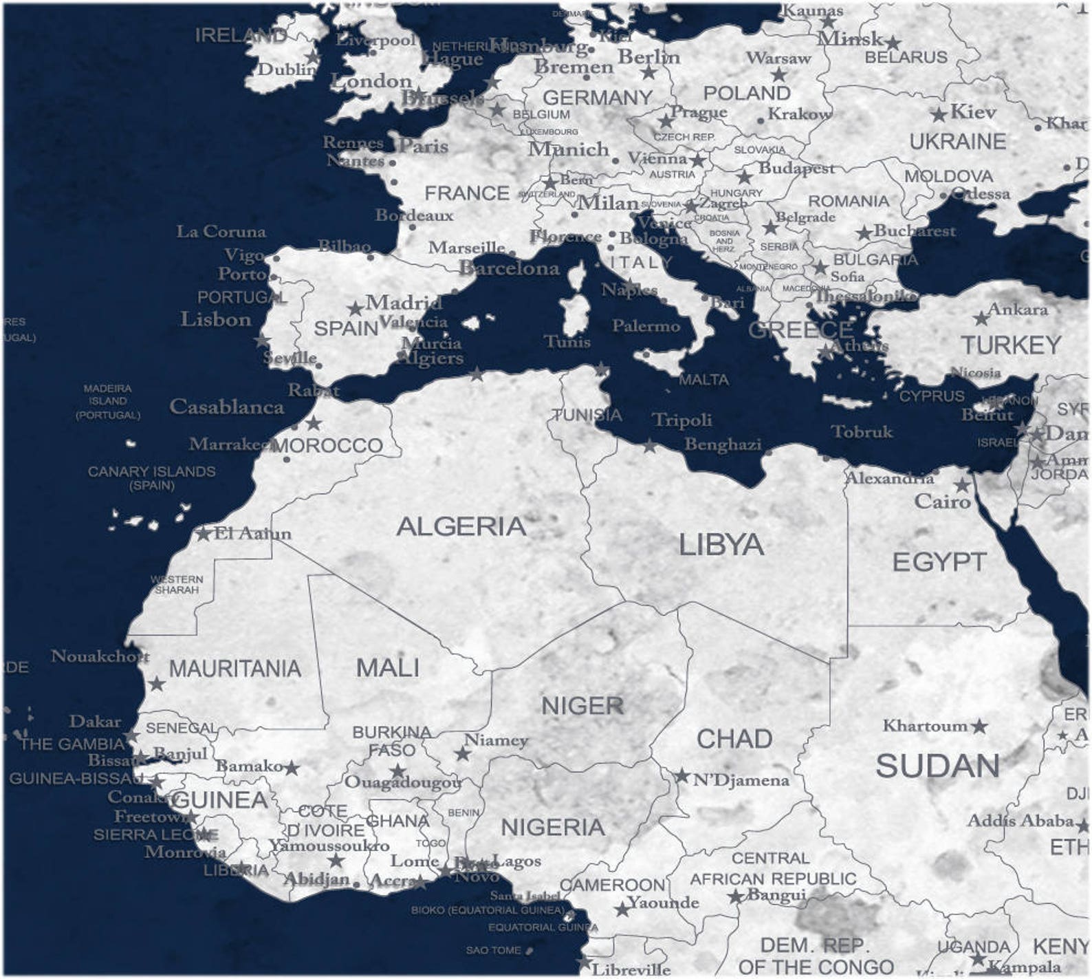 Extra Large Wall Art Navy Blue Push Pin World Map Canvas Print Old ...