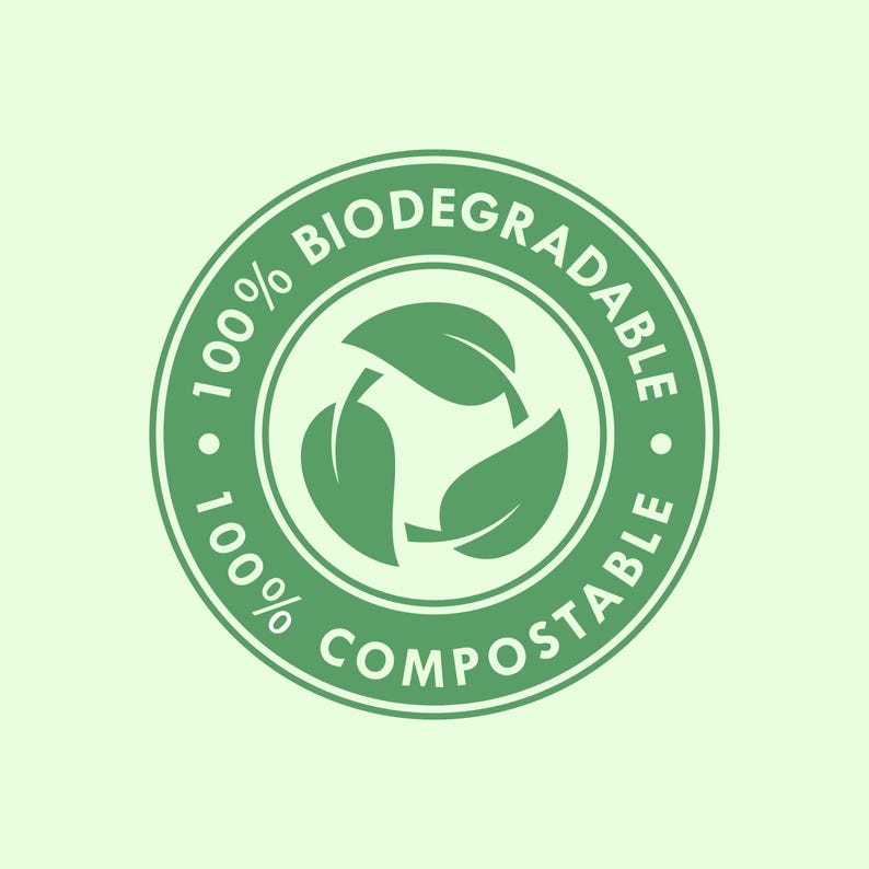 Op de afbeelding: Groen rond label met de tekst "100% Biologisch afbreekbaar 100% Compostable" en een symbool van drie groene bladeren in een cirkel.