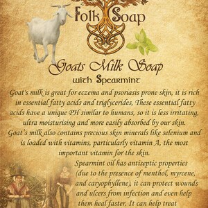 May include: A vintage-style label for goats milk soap with spearmint. The label features a brown tree with green leaves, a white goat, and text that reads "Folk Soap" and "Goats Milk Soap with Spearmint". The text describes the benefits of goats milk soap for skin care.