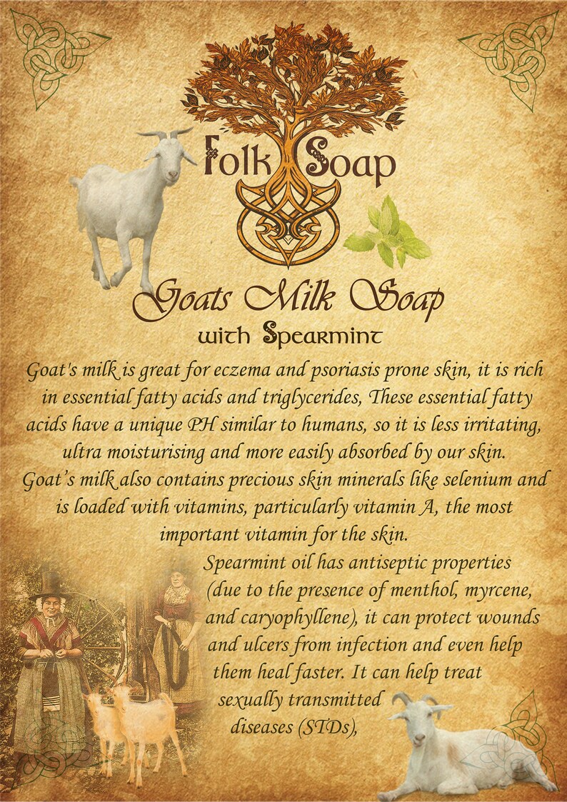 May include: A vintage-style label for goats milk soap with spearmint. The label features a brown tree with green leaves, a white goat, and text that reads "Folk Soap" and "Goats Milk Soap with Spearmint". The text describes the benefits of goats milk soap for skin care.