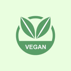 Op de afbeelding: Groen vegan logo met twee bladeren en het woord "VEGAN" in witte tekst.