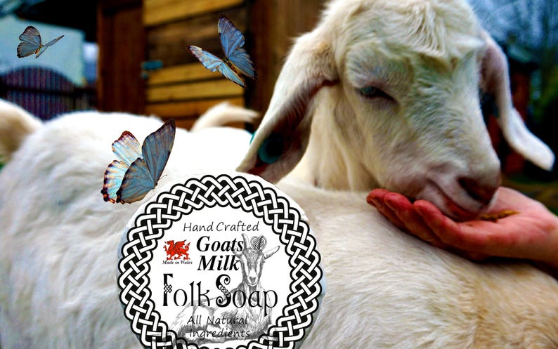 May include: A white goat with a black and white Celtic knot design around a label that reads "Hand Crafted Goats Milk Folk Soap All Natural Ingredients". The goat is looking down at a hand, and there are blue butterflies flying around the goat.