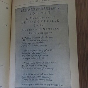 May include: A black and white image of a page from a book. The page features a sonnet poem titled "Sonnet" addressed to Mademoiselle de Longueville, Duchesse de Nemours. The poem is written in French and includes the text "Sur sa fi&eacute;vre quarte."