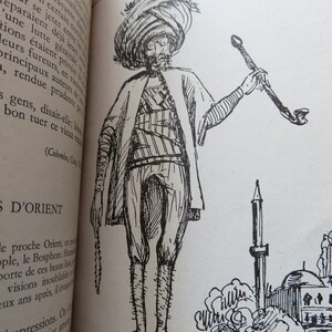May include: A black and white line drawing of a man in a turban and long robe holding a pipe. The man is standing in front of a mosque with minarets.