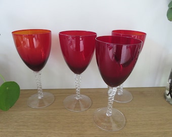 Set of 4 Large Ruby Red Wine Glasses, 1970s