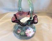 FENTON Blue Purple Hand Painted Basket Twisted Handle Ruffled Rim