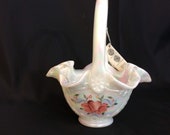FENTON White Opalescent Hand Painted Basket Smooth Handle Ruffled Rim