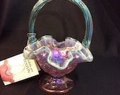 FENTON Purple Strawberry Basket Twisted Blue Handle Ruffled Rim