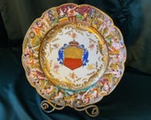 Potschappel Dresden 3D Art Porcelain Red Gold Shield Family Crest Plate ca. 1890s