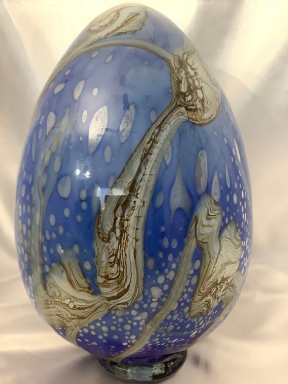 Hand Blown Glass Egg Blue and Gold Glass Art Art & Collectibles Glass