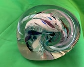 Signed Art Glass Paperweight red, white, blue, purple wave crashing