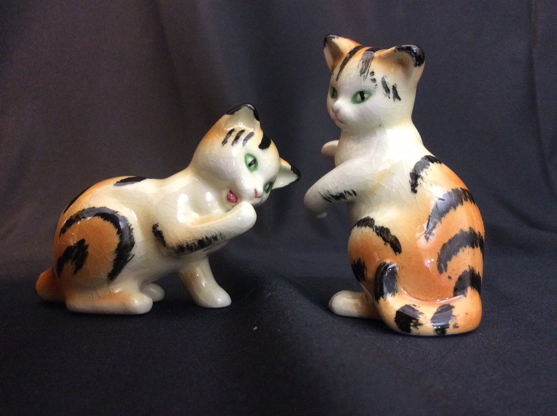 Goebel Striped Tiger Cat Figurines pair Green Eyes Made in Etsy