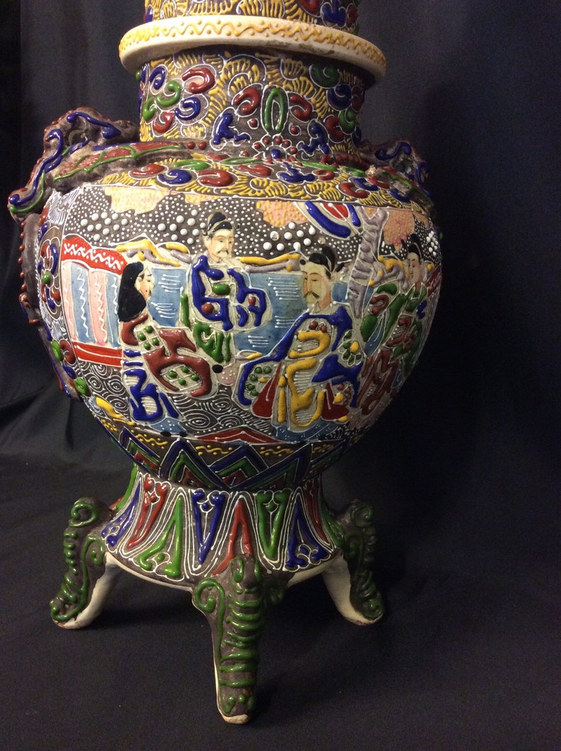 Antique Japanese Satsuma Foo Dog Finial Footed Urn Ginger Jar Etsy