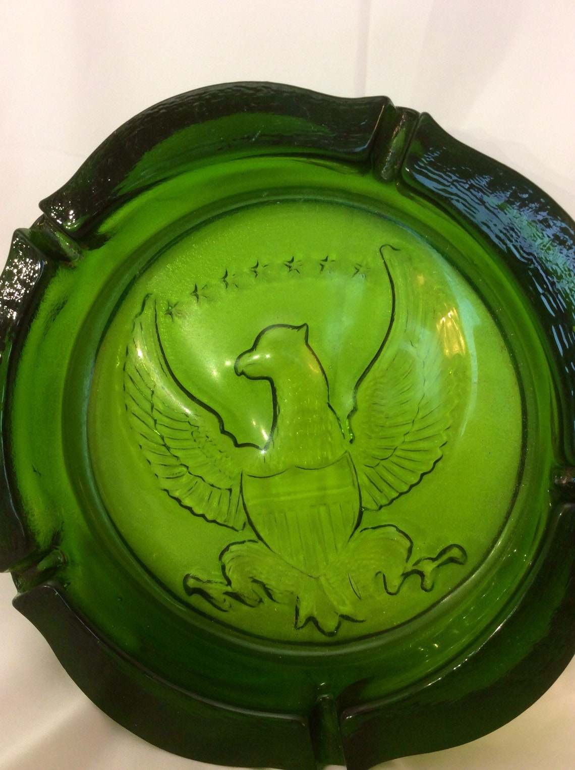 Vintage Indiana Glass Green Glass Eagle Shield 7 Stars Ashtray Etsy