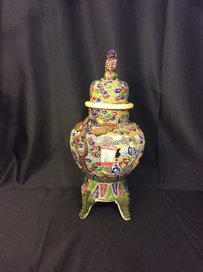 Antique Japanese Satsuma Foo Dog Finial Footed Urn Ginger Jar Etsy