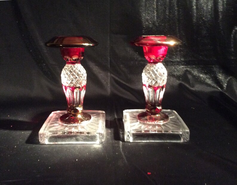 Westmoreland Glass Ruby and Diamond cut clear crystal candle holders pair