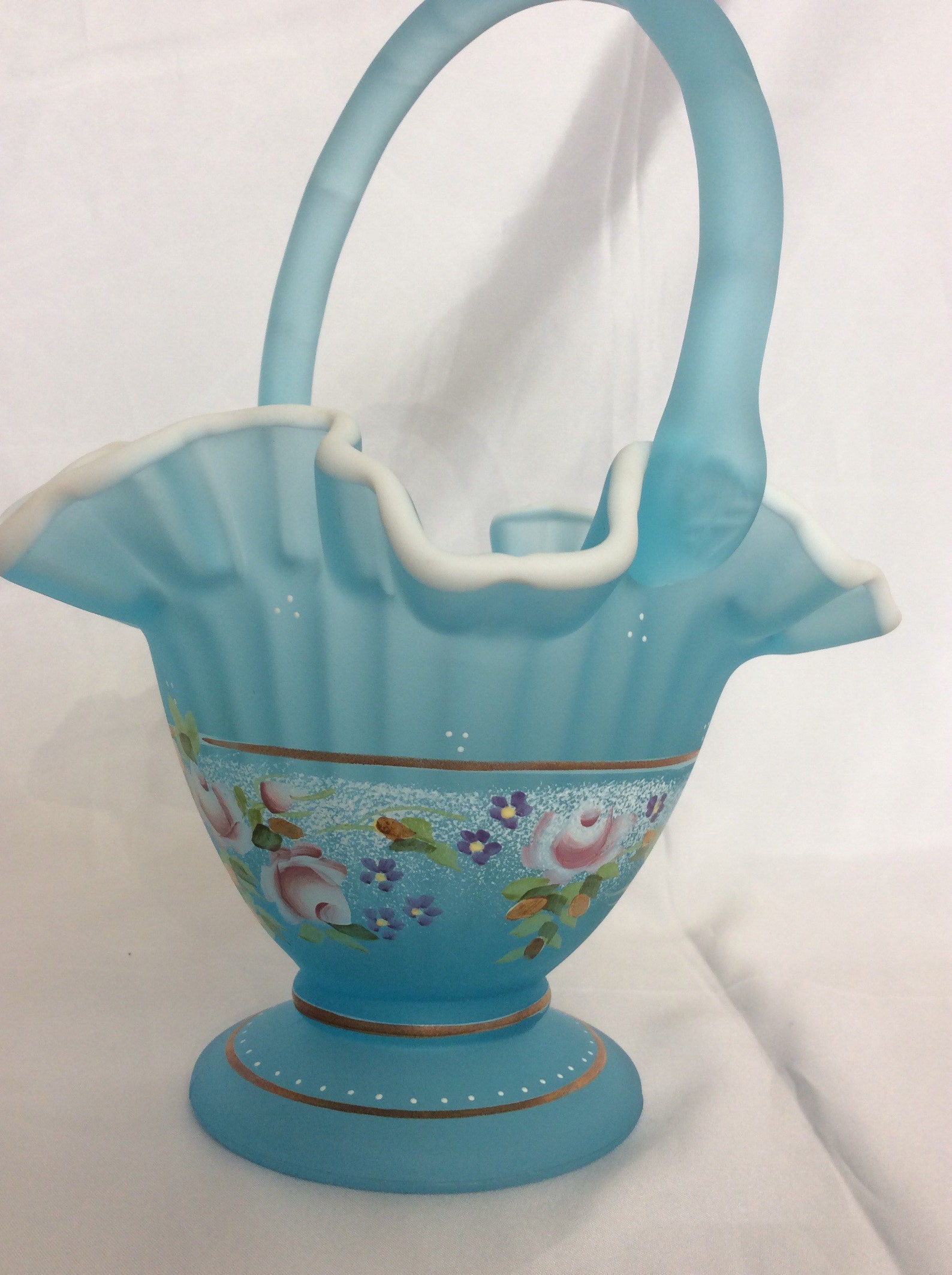 Fenton Blue Hand Painted by L. Everson Basket Milk Rim Etsy