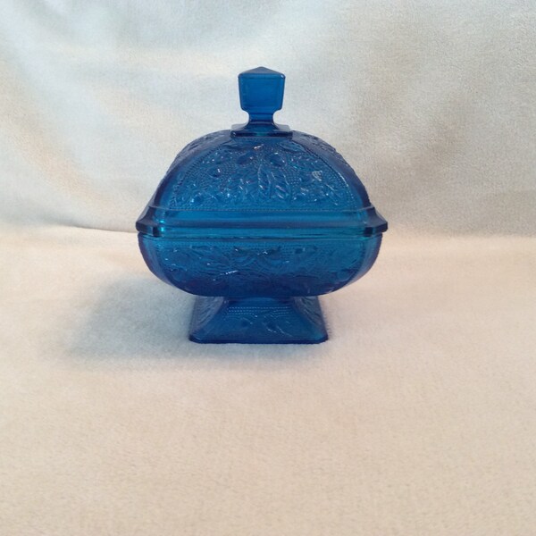 Depression glass pedestal square Acorn blue teal candy dish with lid