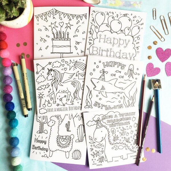 Pack of 6 kids colour-in Birthday cards, Colour me in card, Childrens birthday card pack, Colouring In Card