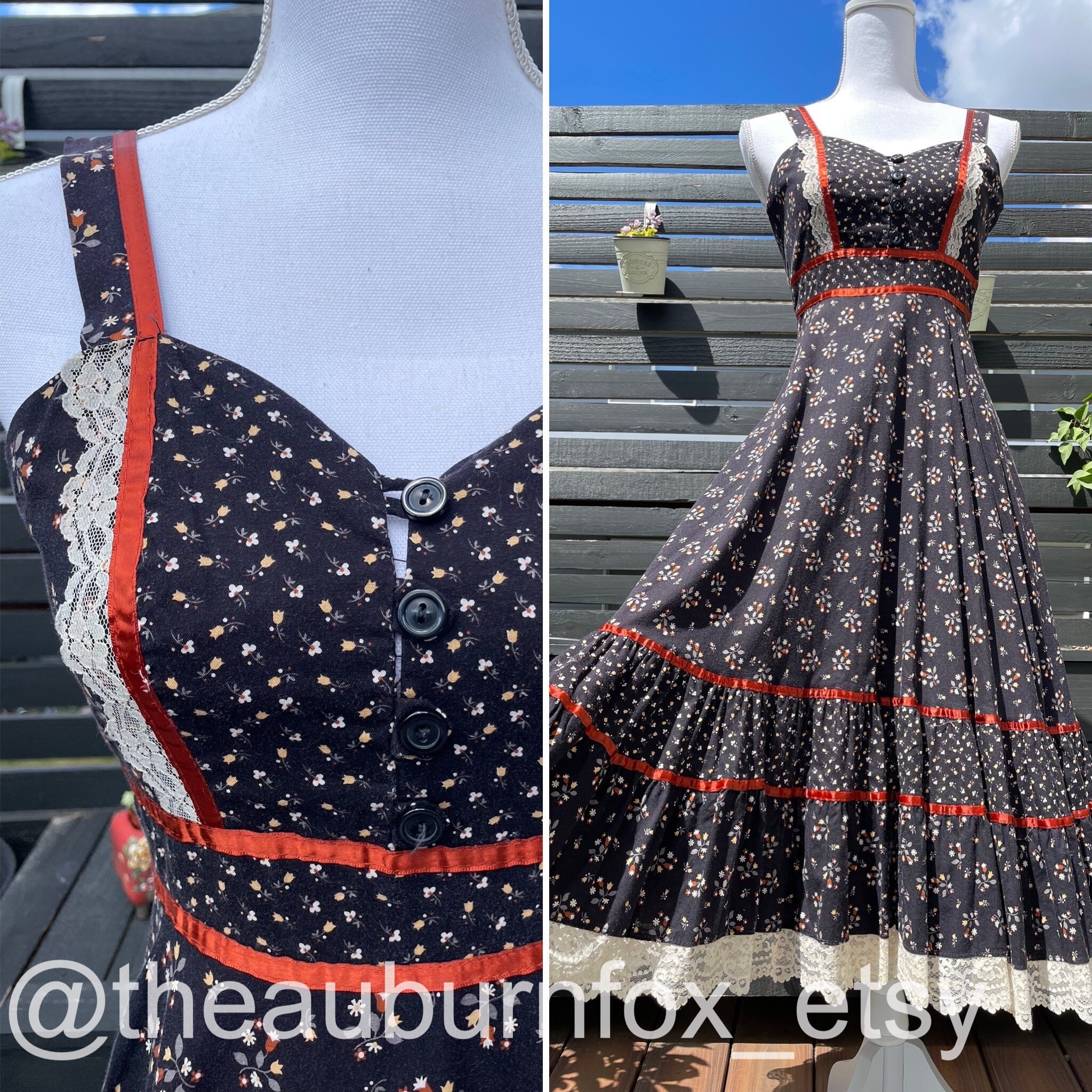 70's Black Floral & Bronze Ribbon Gunne Sax Midi Sundress Sz XS