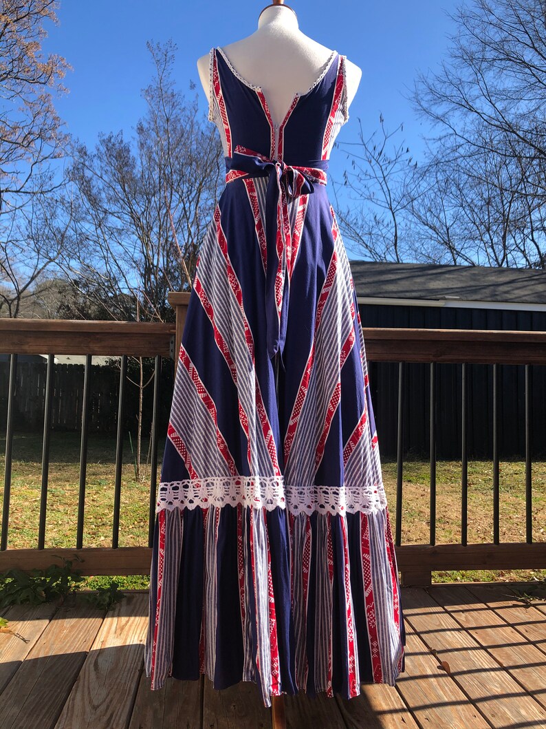 70/'s Gunne Sax Red White /& Blue Maxi Sundress Sz S