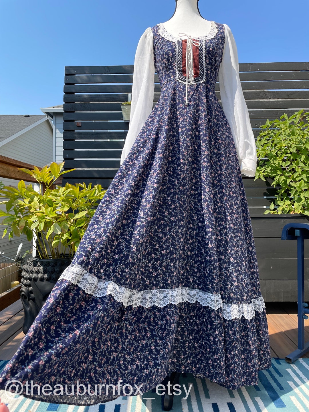 70's Gunne Sax Navy Blue Floral & Desert Rose Velvet Maxi Dress Sz XS ...