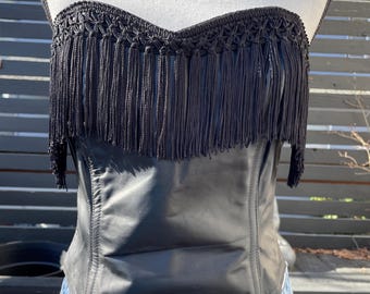 80's I O U Black Leather Tasseled Bustier Sz XS/S