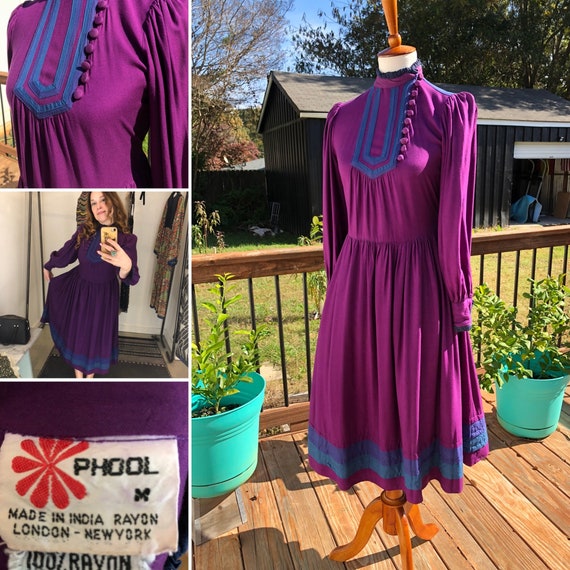 80's Purple Phool Prairie Midi Dress Sz M