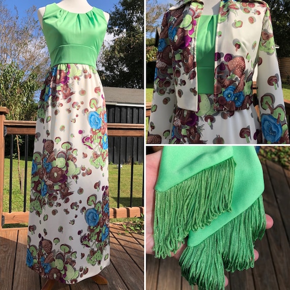 70's Leslie Fay Mushroom Print Maxi Dress with Jac