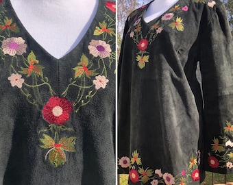 Floral Embroidered Black Suede Tunic Sz L