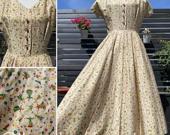 50's R&K Original Beige Novelty Print Dress Sz M (Wounded Bird)