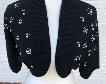 50's Rhinestone & Pearl Doncaster Barbara Carol Black Shrug Sz S/M