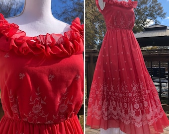 70's Ruffly Red Dress with Eyelet Hem Sz S