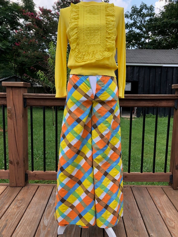 70's Low Rise Colorful Plaid Bell Bottoms Sz XS - image 3