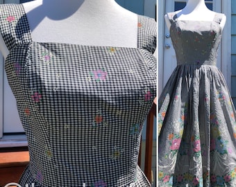 70's Black Gingham Midi Sundress with Painted Flowers Sz XS