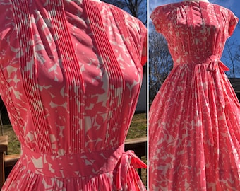 50's Flamingo Pink Floral L'Aiglon Dress Sz S