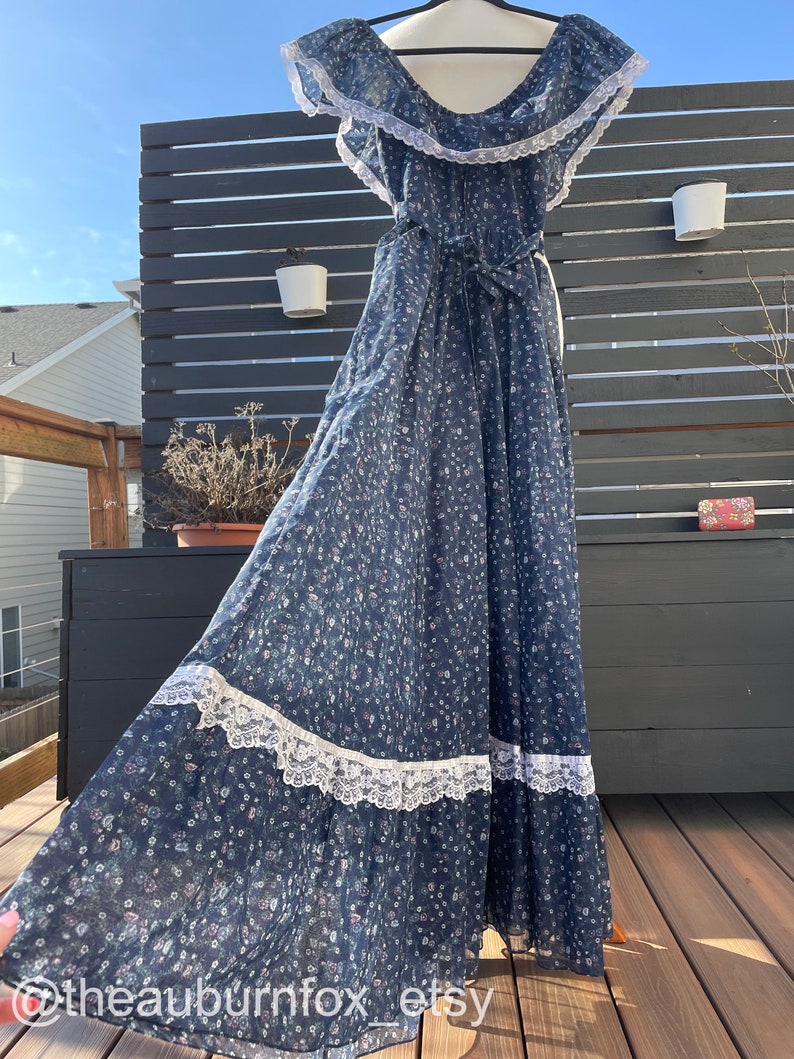 70's Gunne Sax Midnight Blue Floral off Shoulder Maxi Dress Sz XS - Etsy
