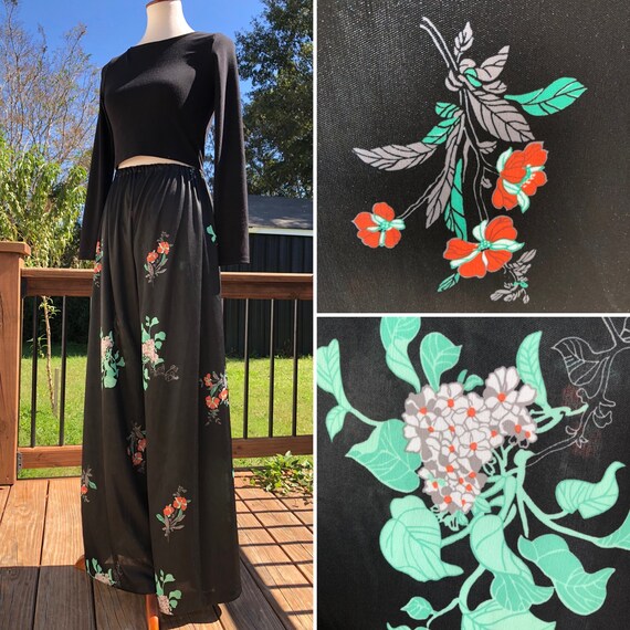 70's/80's Leslie Pomer Black Floral Flare Lounge P