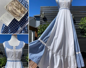 70's Gunne Sax Blue Gingham Maxi Dress Sz 13