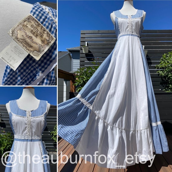 70's Gunne Sax Blue Gingham Maxi Dress Sz 13 - image 1