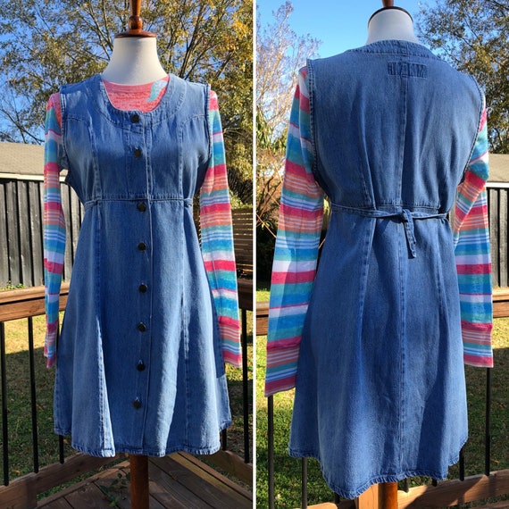 90's Denim Button Down Babydoll Mini Dress Sz M/L - image 1