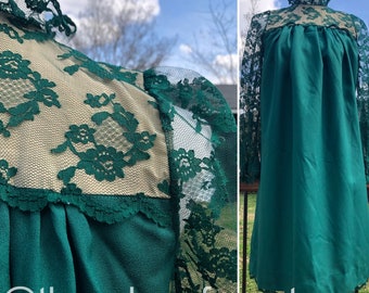 Vintage Pine Green Shift Dress with Lace Sleeves Sz L