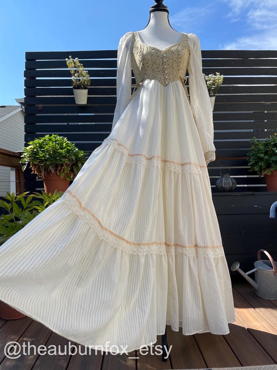 70's Gunne Sax Beige Floral & Cream Stripe Maxi Sz XS