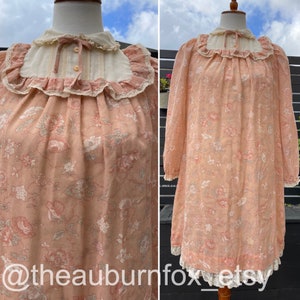 70&#39;s Antique Peach Floral Babydoll Dress Sz S