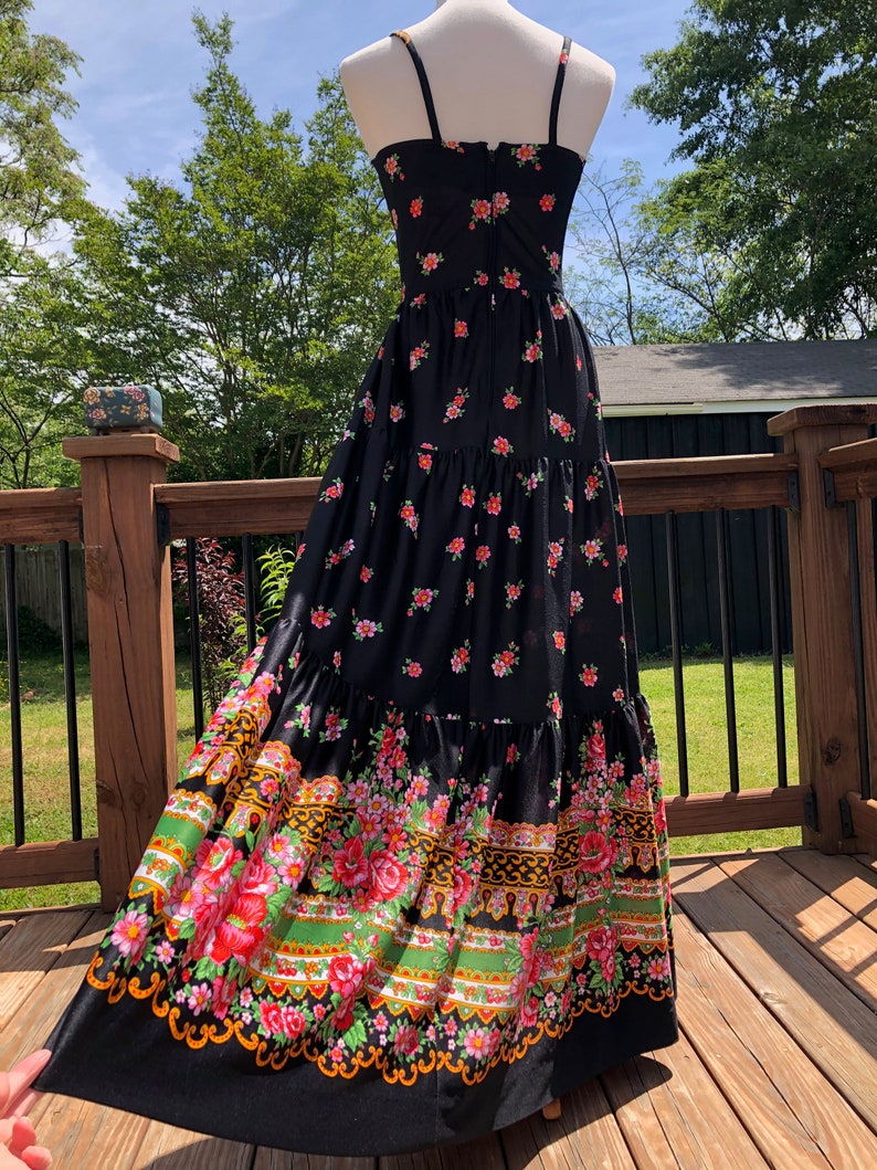 70's Black Floral Maxi Sundress Sz S | Etsy