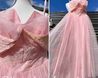 50's Pink Lace & Tulle Strapless Formal Dress Sz XS (FLAWS/Please Read)