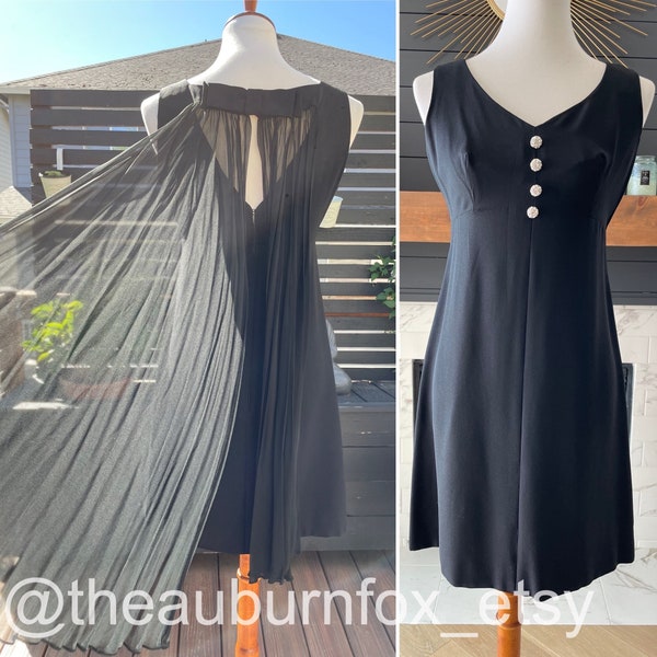 60's Black Mini Cocktail Dress with Chiffon Scarf Back Sz S