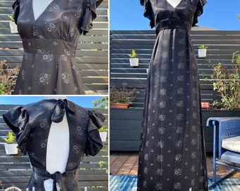 70's Black Satin Floral Maxi Dress with Open Back Sz S