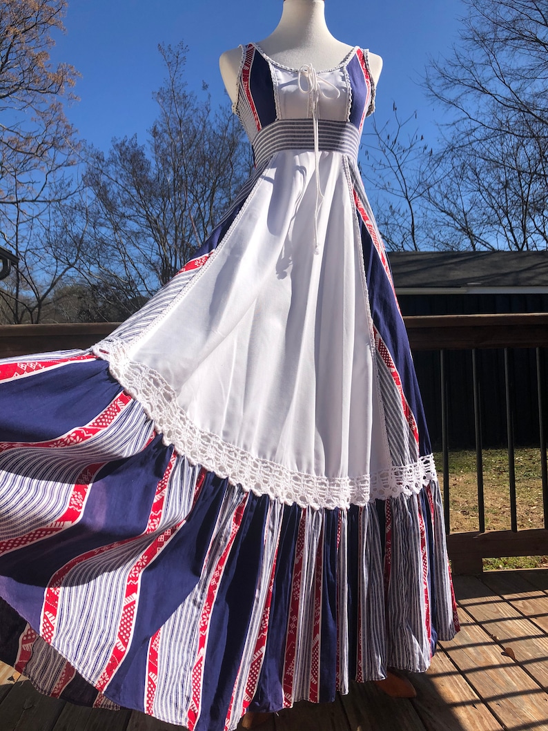70/'s Gunne Sax Red White /& Blue Maxi Sundress Sz S